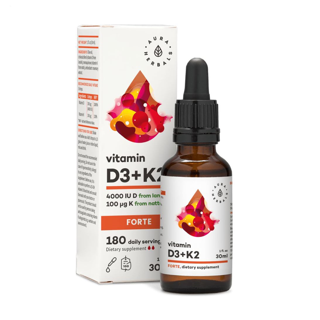 Вітамін Д3  та K2 Aura Herbals Vitamin D3 4000 МО + K2 Forte, в краплях, 30 мл
